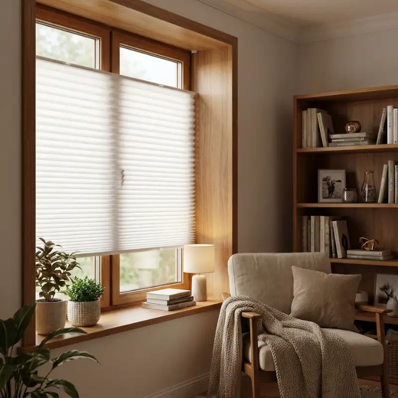 Plissee an Fenster, Fensterbrett aus Holz mit Dekoration, Regal und Sessel im Hintergrund